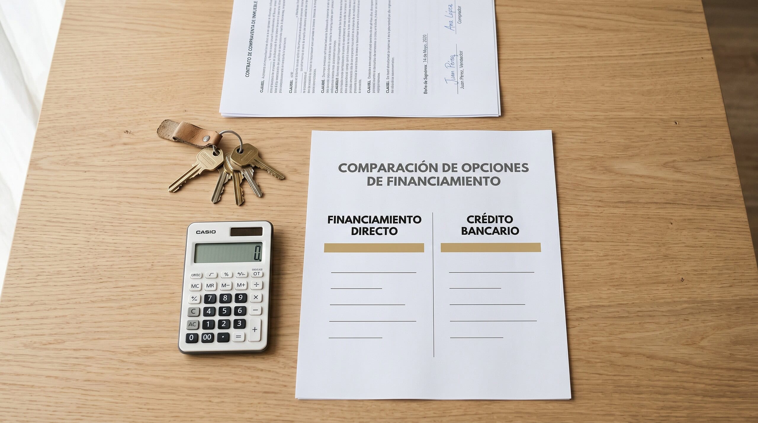Comparativa visual entre financiamiento directo y crédito bancario sobre una mesa de cierre