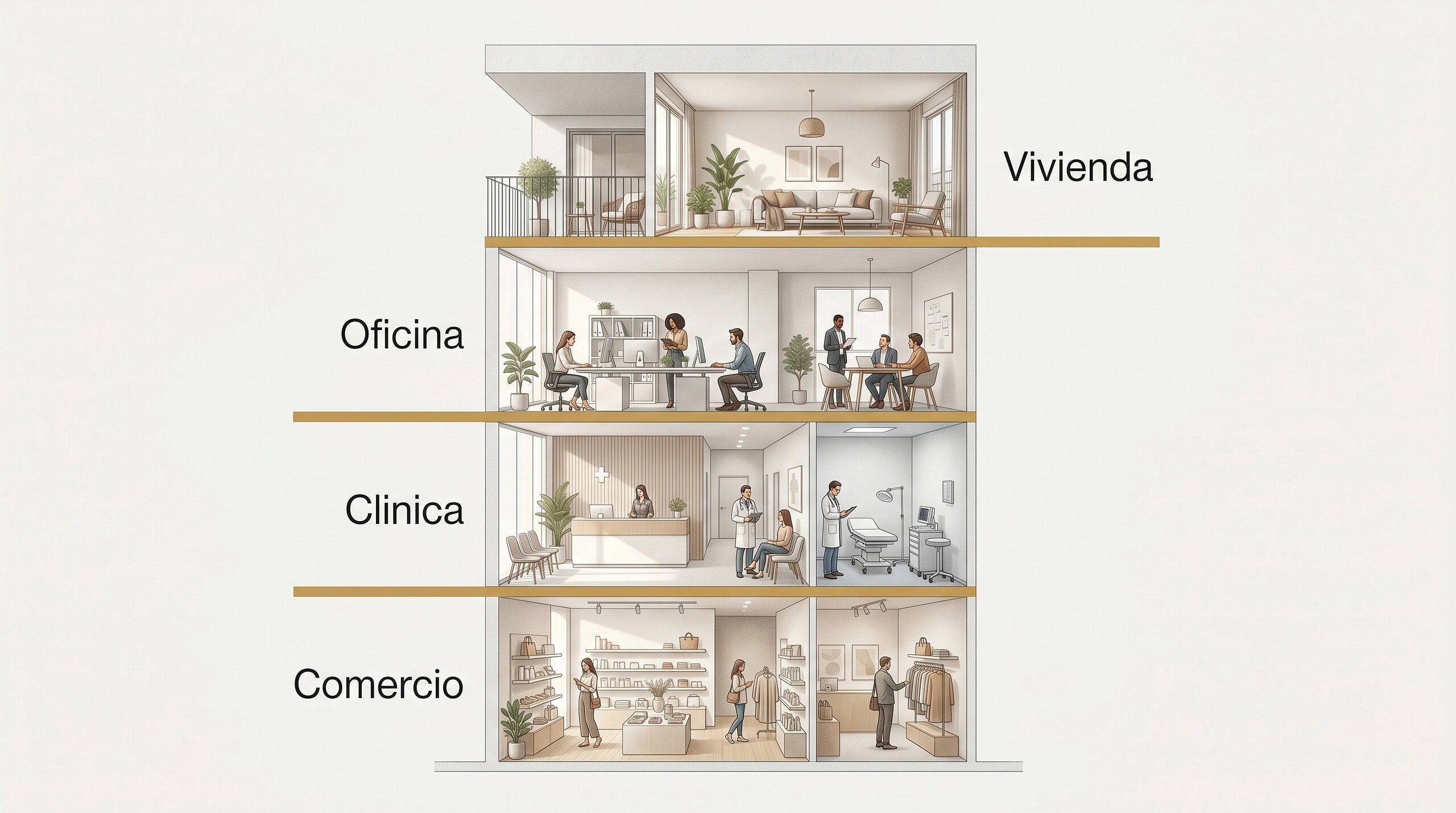 Diagrama de usos mixtos: comercio, clínica, oficina y vivienda en una misma torre