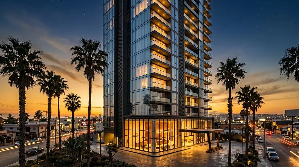 Torre residencial moderna en Zona Rio Tijuana al atardecer