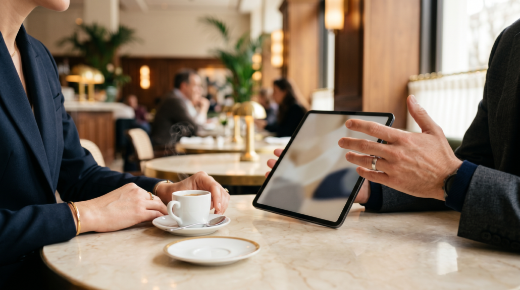 Reunion de asesoria con cafe y tablet sobre mesa de marmol en ambiente elegante