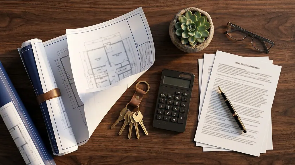 Flatlay editorial con planos, llaves, contrato y pluma representando asesoria inmobiliaria integral